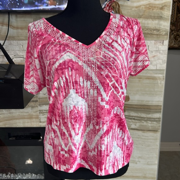 INC‎ International Concepts Short Sleeve Pink Embellished Top. Size PS (434) - Picture 1 of 10
